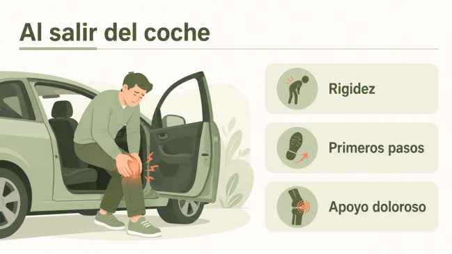 Persona saliendo de un coche y sujetándose la rodilla junto a tarjetas de rigidez, primeros pasos y apoyo doloroso