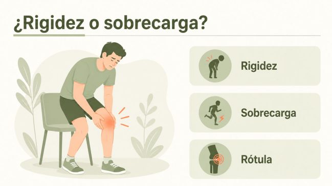 Persona sentada sujetándose la rodilla junto a tarjetas de rigidez, sobrecarga y rótula