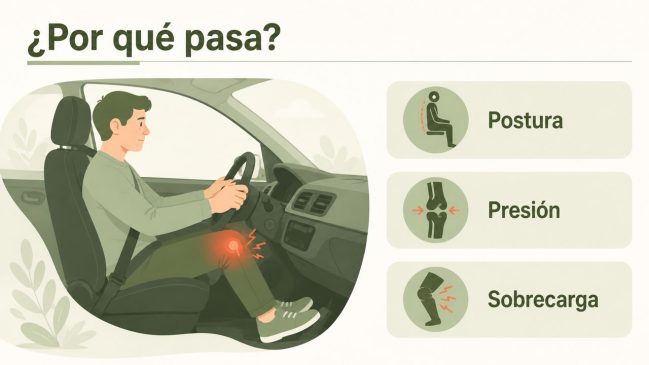 Conductor sentado en el coche con la rodilla flexionada y tarjetas de postura, presión y sobrecarga
