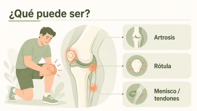 Persona sujetándose la rodilla junto a un esquema articular con zonas señaladas de artrosis, rótula y menisco o tendones