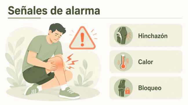 Persona sujetándose la rodilla con un símbolo de alerta y tarjetas de hinchazón, calor y bloqueo