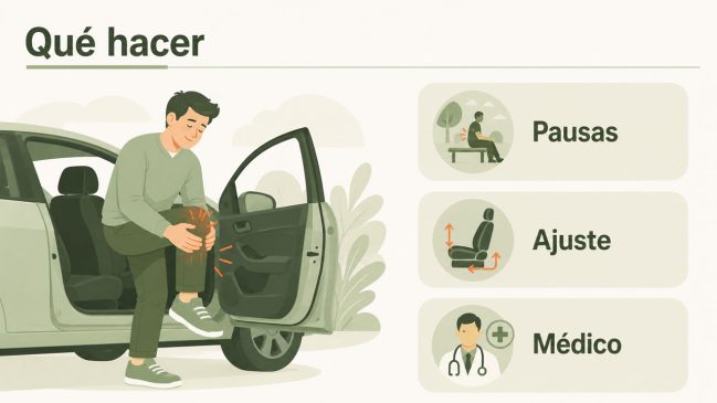 Persona junto a un coche sujetándose la rodilla con tarjetas de pausas, ajuste del asiento y médico